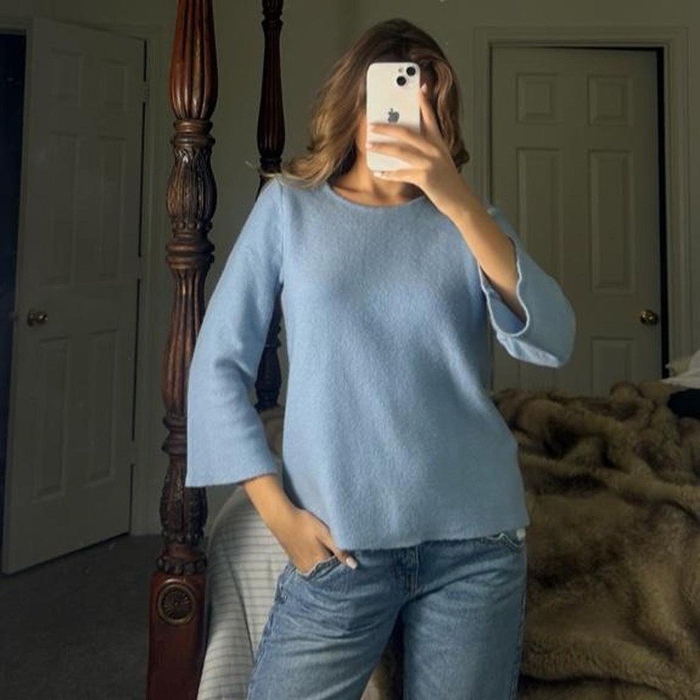 wool blend powder blue fuzzy knit sweater